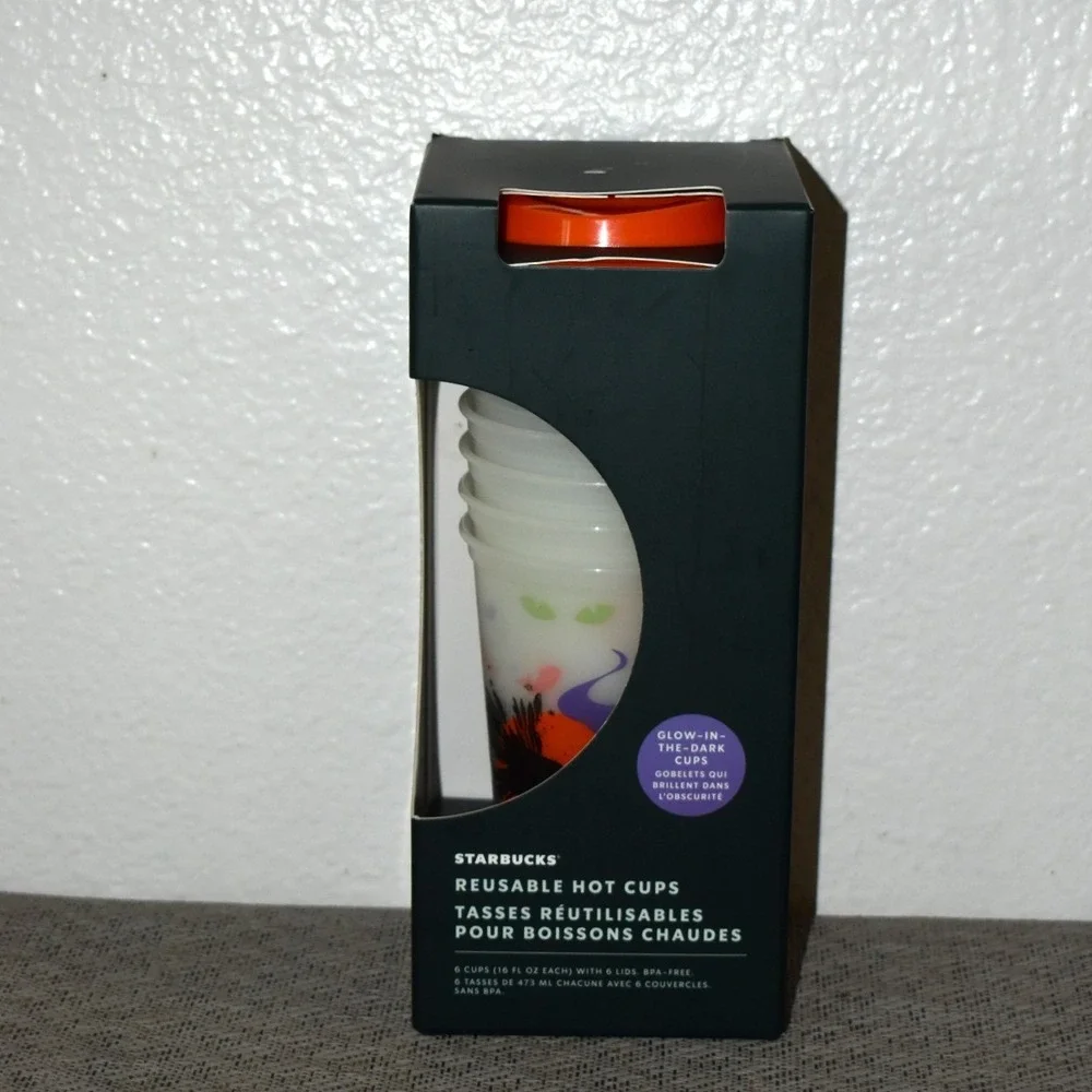 Starbucks Reusable Hot Cups 16oz Multi New Halloween 2022 Glow In Dark 6pk